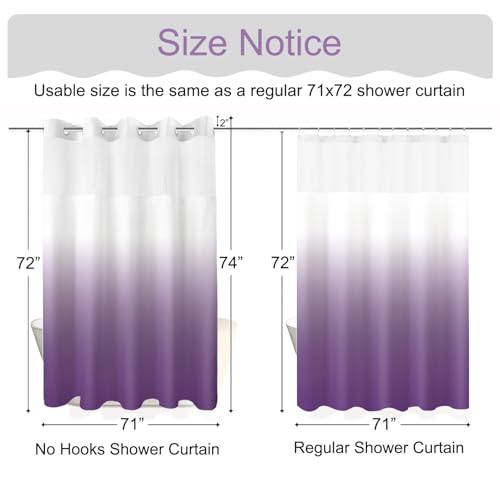 No Hook Shower Curtain with Snap in Liner, Ombre Purple Shower Curtains and Liner Set, Hotel Fabric Bath Curtain for Bathroom, Mesh Top Window Waterproof Washable, 71" x 74" - color: Ombre Purple, size: 71"W x 74"L (Pack of 1)