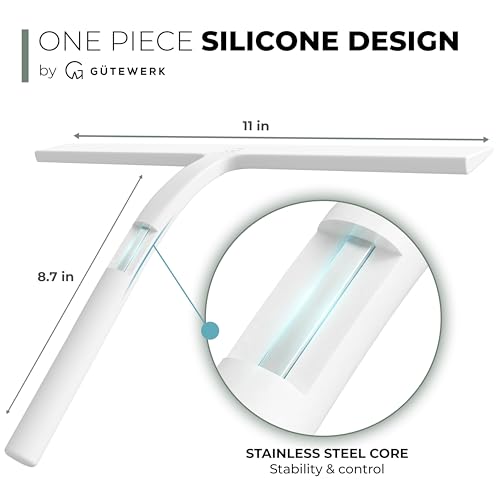 GÜTEWERK Silicone Shower Squeegee for Glass Doors & Mirrors with Stainless Steel Core, Streak-Free & No-Squeak Window Cleaning, 3-in-1 No-Drill Mount (Hook/Suction/Adhesive),White, 11 Inches - color: White, size: 11 Inches