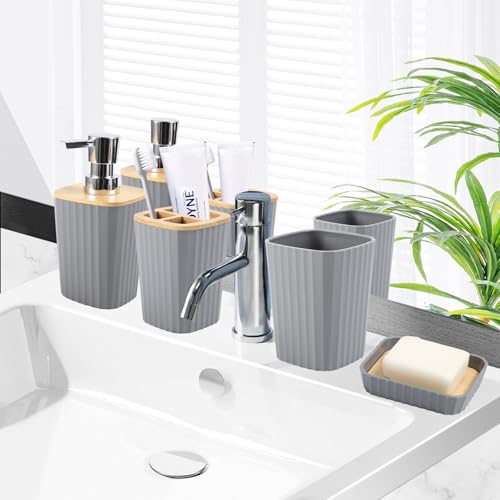 XLHOMO Grey Bathroom Accessories Set, 9 Piece Gray Bathroom Set, Bathroom Accessory Sets Compelete with Trash Can, Toothbrush Holder, Cup, Lotion Dispenser, Tray, Soap Dish, Toilet Brush, Qtip Holders - color: Hollow Grey, size: Hollow Cover Bathroom Set