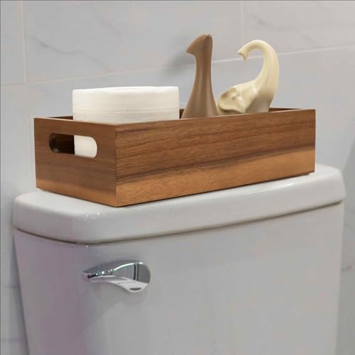 Natural Acacia Hardwood Bathroom Tray with Handles for Organizing Toiletries and Accessories - 12.25L x 6W in on Countertop, Shelf, or Tank Top Storage - size: 12.2" x 6" x 3.3"