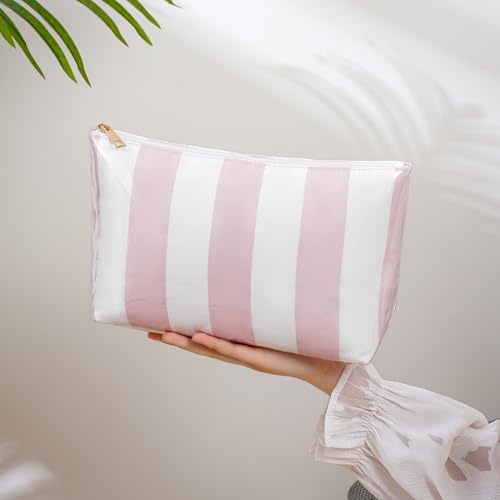 RSRSLEII Large Waterproof Travel Stripe Makeup Bag,Aesthetic PVC Toiletry Bag,Coquette Cosmetic Bag Organizer,Cute Preppy Carry-on Travel Accessories Essentials for Women Girls(Dark Blue) - color: Dark Blue