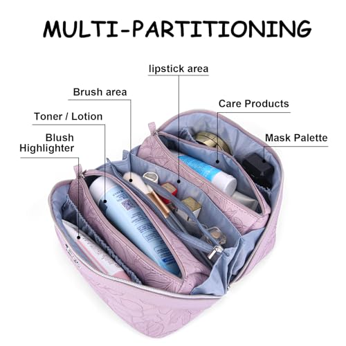 BOYATU Travel Makeup Bags Cosmetic Organizer Bag: 3-Set Large Capacity Make up Bag - PU Leather Toiletry Bags for Women - Wide Open Portable Pouch with Divider & Handle (01-Z-Light Purple) - color: 01-Z-Light Purple