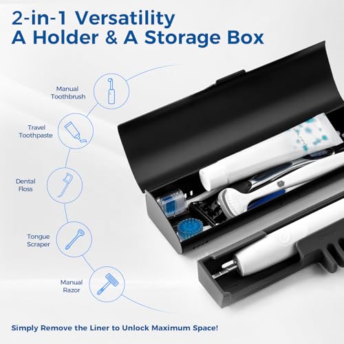 Aluminum Electric Toothbrush Travel Case, 2 in 1 Travel Toothbrush Holder for Oral B/Oral-B Pro 1000 1500 5000 and Most Electric Toothbrush for Traveling, Removable Silicone Liner-Black - color: Black