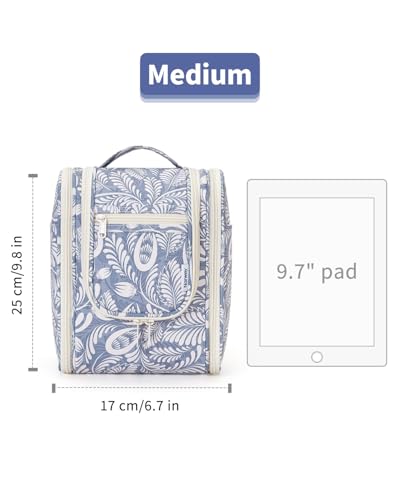 Narwey Small Hanging Toiletry Bag Women Travel Makeup Bag Organizer Toiletries Bag for Travel Size Essentials Accessories Cosmetics (Medium, Blue Leaf) - color: B-Blue Leaf, size: Medium