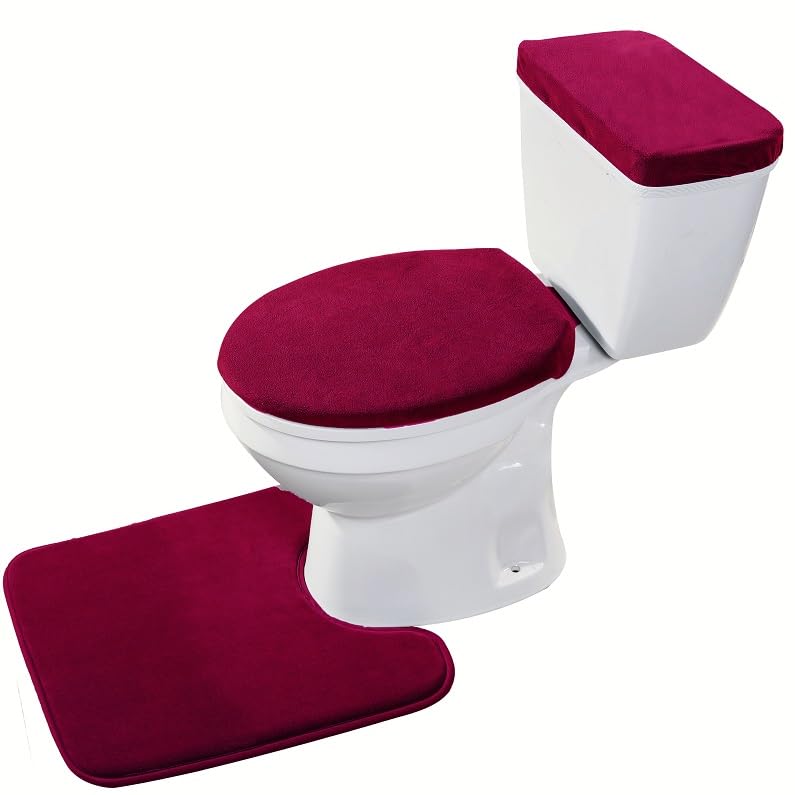 Madeals Velvet Toilet Lid Cover and Tank Lid Cover with Toilet Mat Memory Foam 3 Piece Toilet Contour Mat Set Burgundy - color: Burgundy