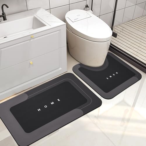 Housego 2PCS Absorbent Bath Mat Magic Rug Sets, Quick Drying Bath Mat Non-Slip Floor Rug Rubber Backed for Bathroom Kitchen Shower Sink, Water Absorbent (19.7''x23.6''+19.7''x31.9'', Black) - color: Black, size: 2 PCS (19.7" x 23.6", 19.7" x 31.9")
