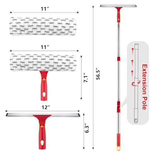 Squeegee for Window Cleaning, 12" Squeegee and 11" Microfiber Scrubber Combi with Stainless Steel Pole, Extendable Window Cleaner for Car, Sliding Door, Shower Glass Door-Swivel Style-2 Pads - color: Red, size: 12" Squeegee