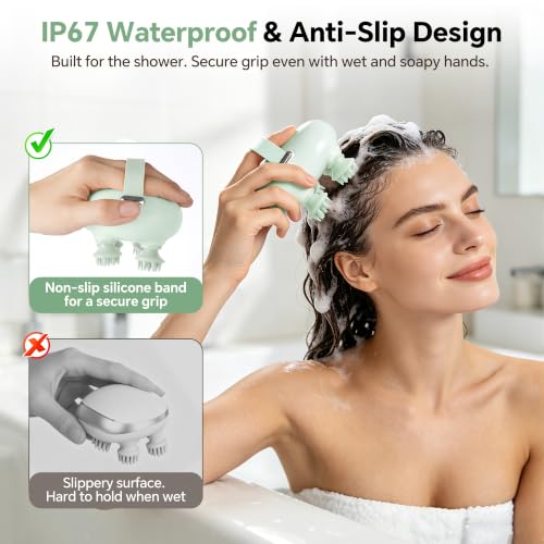 IOOKAN Scalp Massager, Electric Head Massage Scalp Stress Relax | IP67 Waterproof, 3 Massage Modes Tangle-Free & 186 Massage Nodes, Head Neck Shoulder Pets Use, Gift for Dad Mom - color: Light Green