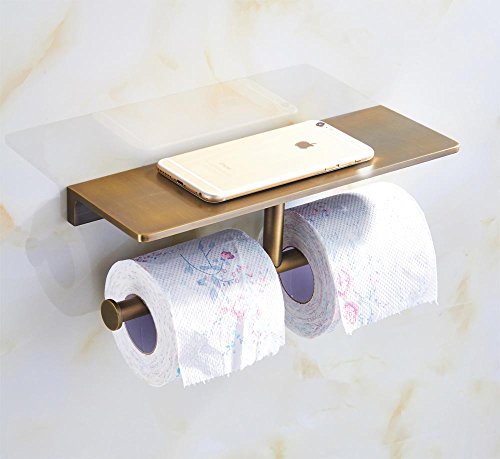 Toilet Paper Holder, Solid Brass Double Roll Toilet Paper Holder with Shelf | Extra-Large Storage for Phone, Glasses | Heavy-Duty for Modern & Commercial Bathrooms, Brushed Bronze Finish - color: Brushed Bronze