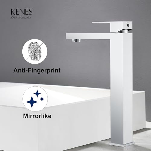 KENES Chrome Bowl Vessel Sink Facuet Single Handle Tall Bathroom Sink Faucet Bathroom Vanity Faucet Basin Mixer Tap with Water Supply Lines and Pop Up Sink Drain, LJ-9031A-5 - color: Chrome, size: Tall