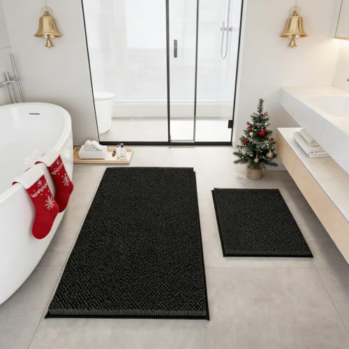 RUN HELIX Bathroom Rugs Set 2 Piece Thick Chenille Bath Mats, Soft Quick Dry Plush Absorbent Bath Rugs with Non-Slip PVC Backing, 32x20+24x16 Inch Black - color: Black, size: 32"L x 20"W + 24"L x 16"W