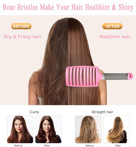 KTKUDY Detangling Brush Boar Bristles Hairbrush Make Hair Shiny & Healthier Curved and Vented Detangler Brush for Women Men Kids Wet & Dry Hair (Pink) - color: Pink