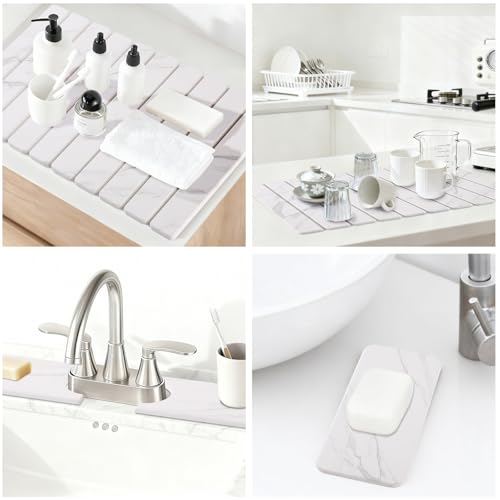 3 PCS Large Stone Dish Drying Mat for Kitchen Counter, Quick Dry Stone Dishes Mats, Sink Faucet Mat, Marble Water Absorbing Diatomaceous Earth Drying Pad for Countertop Tableware, Bottles - color: White Grey Marble