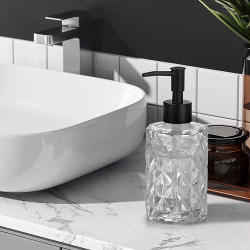 1 Pack 11oz Glass Soap Dispenser with Plastic Pump, Diamond Design Refillable Hand Soap Dispenser for Hand Wash, Bathroom and Kitchen - color: Transparent Clear