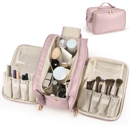 HauteHues Travel Makeup Bag Women's Large Capacity Cosmetic Portable Organizer Large Opening Waterproof Storage Toiletry Bags Vertical Free-Standing Brush Holder for Easy Access Pink - color: Pink