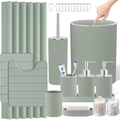 Sage Green Bathroom Accessories Set - Bathroom Sets, 25PC Bath Accessory Set, Bathroom Sets with Push Top Trash Can, Shower Curtain and Rugs, Toilet Brush, Trash Can & Soap Dispenser - color: Sage Green & Silver, size: 25-Piece Set (Accessories + Shower C