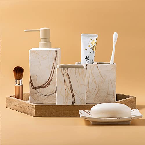 RQYIXI Bathroom Accessories Set 4 Pieces Toothbrush Holder Soap Dispenser Ceramic Bathroom Decor Set Contain Toothbrush Cup Soap Dish Tumbler Marble Brown - color: Brown
