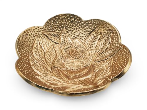Brass Jewelry Bowl – Gold Color Circular Small Round Spoon Rest Soap Dish Candle Holder - Perfect Catchall Tray for Candles, Jewelry, Rings, and Trinkets (Gold with Embossed Rose Design) - color: Gold With Embossed Rose Design