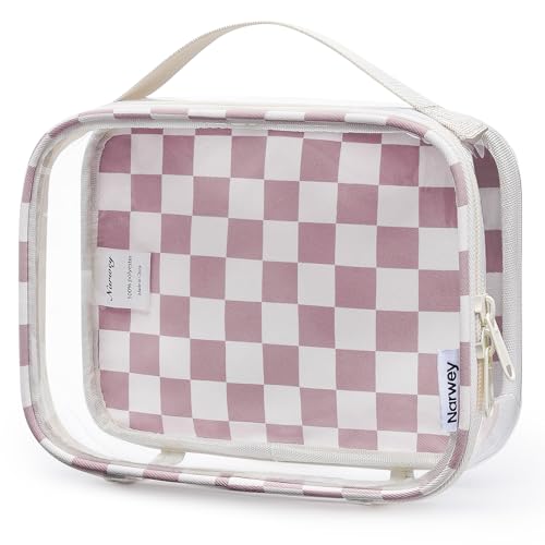 Narwey TSA Approved Clear Toiletry Bag for Travel, Waterproof PVC Clear Makeup Bags, Portable Compact Cosmetic Bag Make Up Organizer, Airport Airline Quart Size Compliant Bag (Dusty Pink Checkerboard) - color: Dusty Pink Checkerboard