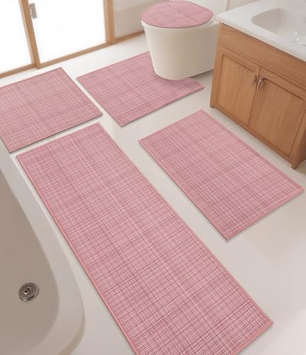 YIHOUSE Bathroom Rugs Sets 5 Pieces, Pink Ultra Thin Bath Mats Fit Under Door, Absorbent Quickly Dry Rubber Backing Braided Bath Mat Set, Non Slip Washable Bath Rugs for Bathroom Floor, Pink - color: Pink Multi, size: 5pieces