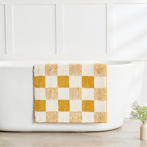 CozeCube Bath mats for Bathroom Non Slip, Fluffy Absorbent Microfiber Bath mat Washable, Aesthetic Bathroom Rugs, Cute Harvest Gold Checkered Bath mat, Harvest Gold, 32" x 20" - color: Checkered-harvest Gold, size: 2'8" x 1'8" (Rectangular)