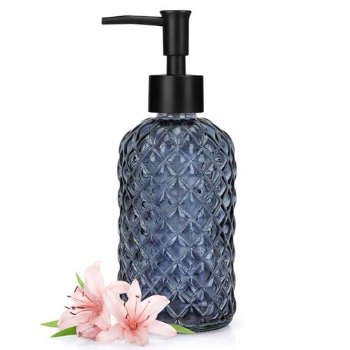 13.5oz Glass Soap Dispenser with Plastic Pump, Diamond Design Refillable Hand Soap Dispenser for Hand Wash, Bathroom and Kitchen (Blue Grey) - color: Blue Grey