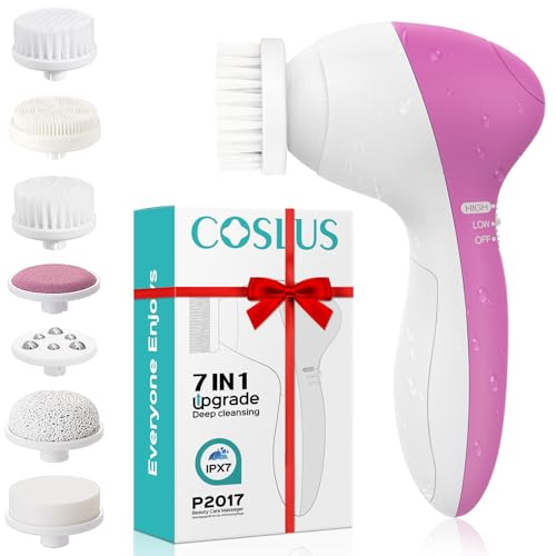 COSLUS Facial Cleansing Brush Silicone Face Scrubber: 7 in 1 FBS-D Electric Exfoliating Rotating Massage Device Waterproof Deep Cleaning Exfoliation Spa Machine - Electronic Skin Care Wash System - color: Pearl Pink, size: With 7 brush heads