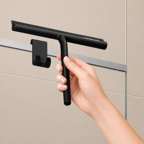 Minismus Shower Squeegee with Hook - Silicone Window Wiper - Shower Squeegee for Glass Doors - Glass Squeegee Bathroom Shower - Window Squeege (8.25 Inches, Black) - color: Black Hook