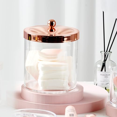 SheeChung 2-Pack Plastic Apothecary Jars with Rose Gold Metal Lids - 25oz & 15oz Clear Acrylic Qtip Holder Set - Shatterproof Bathroom Vanity Organizer for Cotton Balls, Swabs, Pads - Luxury Decor - color: Rose Gold, size: 25 oz & 15 oz