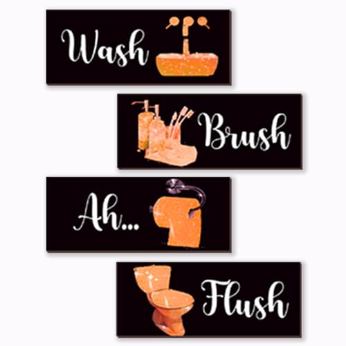 4 Pcs Orange Bathroom Decor Funny Orange And Black Wall Art Wooden Bathroom Accessories Modern Glitter Set for Home Toilet Decoration 10x4 Inches - color: Orange, size: 10 X 4 Inch
