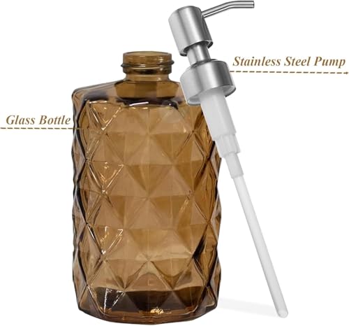 12Oz Brown Soap Dispenser Bathroom - 2 Pack, Clear Glass Hand Soap Dispensers with Stainless Steel Pump, Refillable Dish Soap Dispenser for Kitchen, Countertop Soap Dispensers - color: Diamond Brown（2-pack）