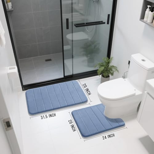 Yimobra Memory Foam Bath Mat Set 2 Piece - Super Soft Absorbent Quick Dry Bathroom Toilet Rugs, Machine Washable Non Slip Floor Carpet for Tub Shower & Single Sink (31.5x20 & 24x20, Denim Blue) - color: Denim Blue, size: 31.5x20+24x20 Inch