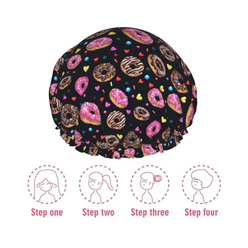 Doughnut Donuts Shower Cap For Women Reusable Waterproof Double Layers Bath Cap Hair Protection Elastic Ladies Spa Salon Shower Hat - color: Doughnut Donuts