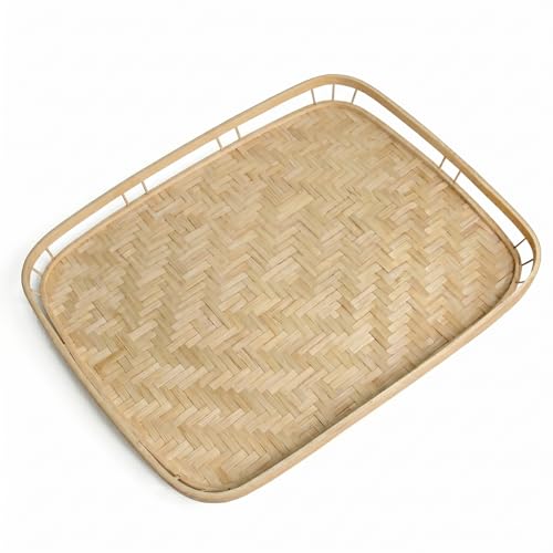 PEMAR Wicker Serving Trays w Handles,Rectangular Hand-Woven Lap Trays,Bamboo Bedroom Trays,Cabin Trays for Foods & Drinks. Decorative Trays for Coffee Tables,Breakfast,Dinners,Bed Eating. 2 Pack Set - size: Standard (16.93"L x 13"W)