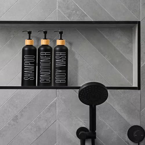 HOMCDALY 16oz 3-Pack Refillable Black Bathroom Shower Set - Empty Bottles with Pump for Shampoo, Conditioner, or Body Wash - color: Black&bamboo Pump