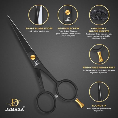 DEMAXA 5" Professional Beard Scissors for men Mustache Scissors with 1 Mustache Comb, 1 Beard Comb & Soft Pouch – Prefect Beard shears mustache kit for All Facial Hair – moustache Grooming kit for Men - color: 5" Professional Black