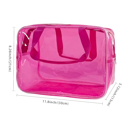 PVC Clear Pure Color Transparent Large Zipper Cosmetic Pouch Travel Makeup Cosmetic Bag with Handle for Travel Bathroom Toiletry Organizer (Hot Pink) - color: Hot Pink