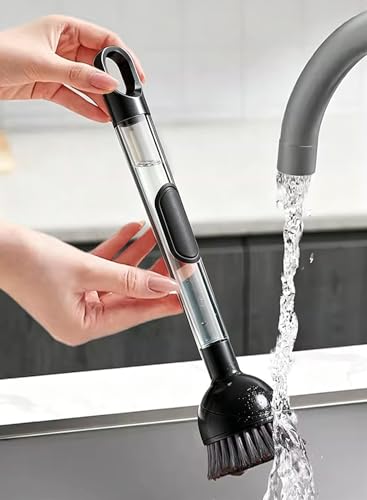 Soap Dispensing Dish Brush with Handle, 360° Rotating Head, 5-Piece Kitchen Cleaning Set (2 Brush Heads & 3 Sponges), Non-Scratch Scrubber for Pot, Pan, Sink, Leak-Proof Dishwand, Black - color: Black