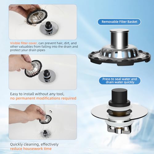 Universal Bathtub Drain Stopper, 2PCS Metal Shower Hair Catcher, Chrome | 3 in 1 Bathroom Sink Strainer with Visible Top Filter, Tub Stopper for Standard 1.1''~2.36'' Sink Hole - color: Chrome Finish