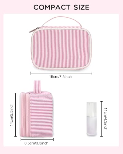 Relavel Travel Makeup Bag, Small Pink Cosmetic Bag with 2 Makeup Brush Holders, Portable Compact Makeup Pouch for Women, Cute Toiletry Bag with Double Layer Organizer, Pink Strip - color: 01-Pink Strip, size: SMALL