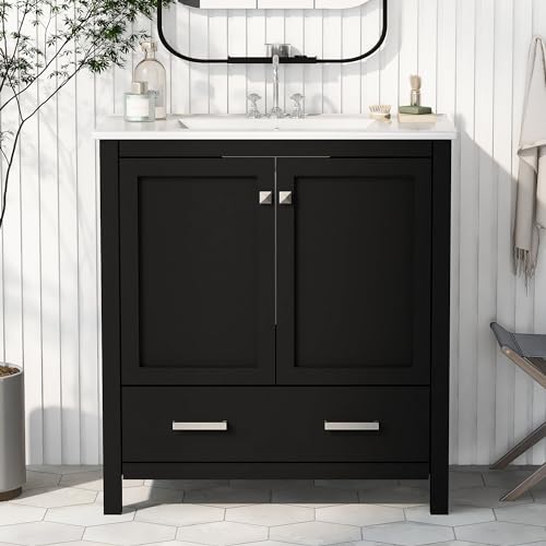 Linique 30" Modern Bathroom Vanity with Sink Combo Set, Solid Wood Frame Bathroom Storage Cabinet with 2 Soft Closing Doors and a Drawer, Multifunctional Storage, Black - color: Black