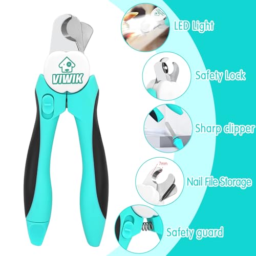 VIWIK 2 in 1 Dog Nail Trimmers with LED Light for Bloodline, Dog Comb, Dog Nail Clippers with Quick Sensor & Safety Guard to Avoid Overcutting, Cat Puppy Claw Clipper for Grooming with Nail File Blue - color: Black+Aqua