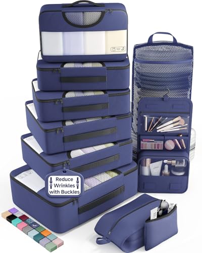 Veken 10 Set Packing Cubes for Travel Essentials,Anti-Wrinkle Buckled Suitcase Organizer for Shoe & Toiletry Bag,Carry On Luggage Bag with 99+ Count Mesh Holes for Airplane & College Dorm Accessories - color: 05 Indigo Blue