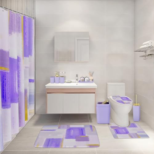 XLHOMO Bathroom Set - Purple and Gold Bathroom Accessories Set, Bathroom Sets with Shower Curtain and Rugs, Purple Shower Curtain Set with Bathroom Trash Can, Soap Dispenser, Soap Dish for Home Decor - color: Plaid Purple & Gold, size: Complete Set + Bath