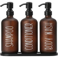 MOMEEMO Amber Shampoo and Conditioner Bottles with Tray, Shower Bottles Refillable with Labels, Hotel Shampoo and Conditioner Dispenser for Shower, Body Wash Container with Pump (Amber) - color: Amber Black
