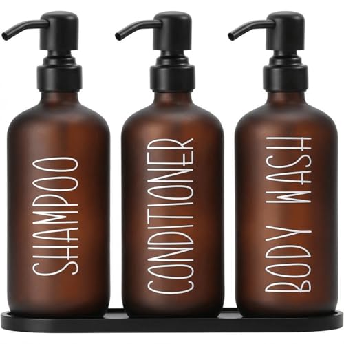 MOMEEMO Amber Shampoo and Conditioner Bottles with Tray, Shower Bottles Refillable with Labels, Hotel Shampoo and Conditioner Dispenser for Shower, Body Wash Container with Pump (Amber) - color: Amber Black
