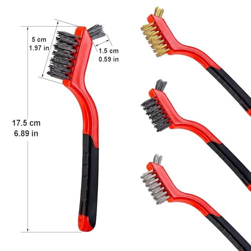 YiwerDer 6Pcs Mini Wire Brush Set, Stainless Steel/Brass/Nylon Bristles Wire Brushes, Curved Handle Soft Grip for Rust, Dirt & Paint Scrubbing with Deep Cleaning – 7 Inches (Red) - style: 6Pcs Red Mixed Brushed