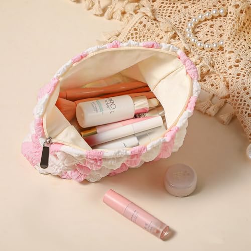 Bubble Cloud Makeup Bag - Large Capacity Travel Cosmetic Organizer | Puffy quilted design, smooth zipper, cute aesthetic makeup pouch, ideal for daily storage, travel, for women, girls - color: Pink - White