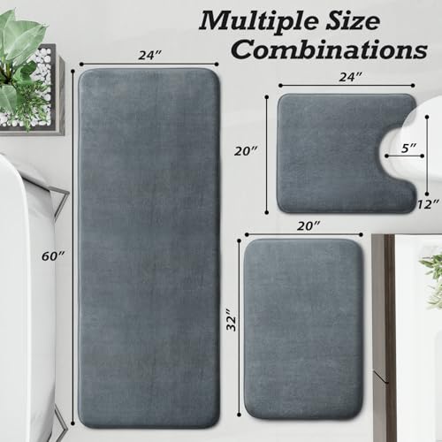 HUXMEYSON Bathroom Rugs Sets 3 Piece, Non-Slip & Quick Dry Bath Mat Set, Ultra Soft Velvet Bath Rugs for Bathroom, Toilet and Shower Floor, Grey - color: Grey, size: 20"x32"+24"x60"+U Shape 20"x24"