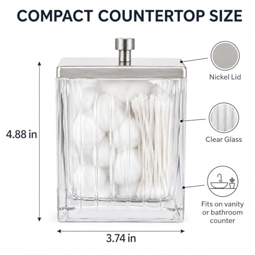 Vince Camuto Home Glass Cotton Jar Holder – Nickel Lid, Elegant Bathroom Storage Canister for Qtips, Cotton Balls, Floss, Makeup Organizer, Vanity & Bathroom Organization - color: CLEAR GLASS NICKEL LID